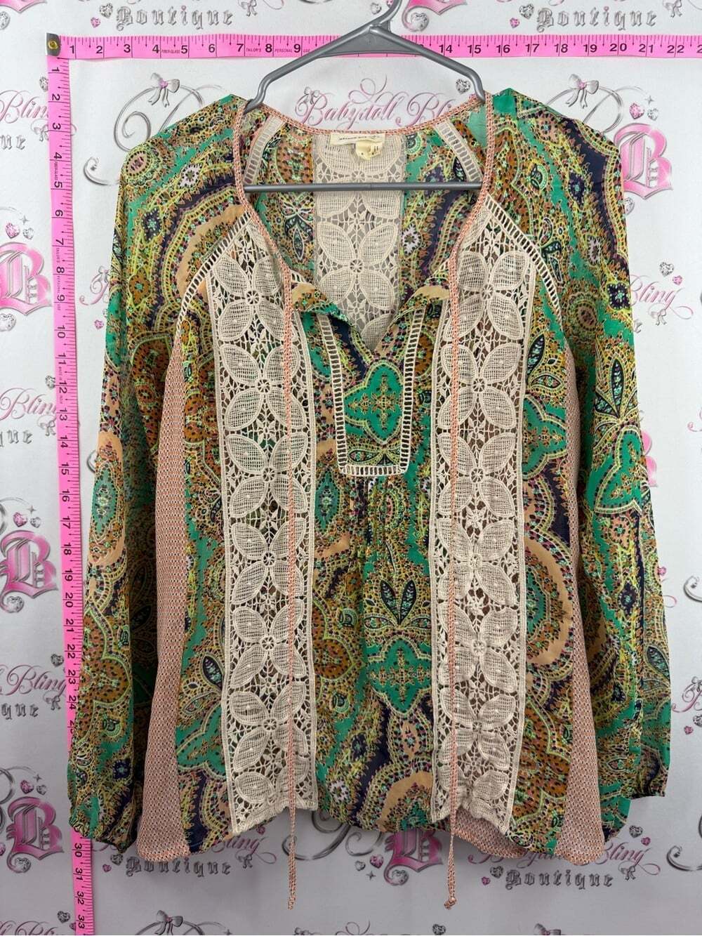 Meadow Rue Paisley Print Blouse with Crochet Trim in Teal & Beige